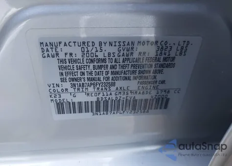 2015 Nissan Sentra Sv z USA, uszkodzony, nr VIN 3N1AB7AP6FY232588